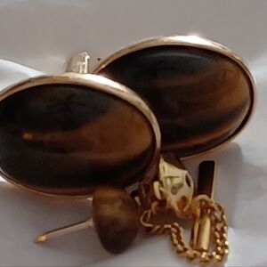 Vintage JAGUAR 12/20 Gold Filled Tiger Eye Jewelry Cufflink & Tie Pin Set